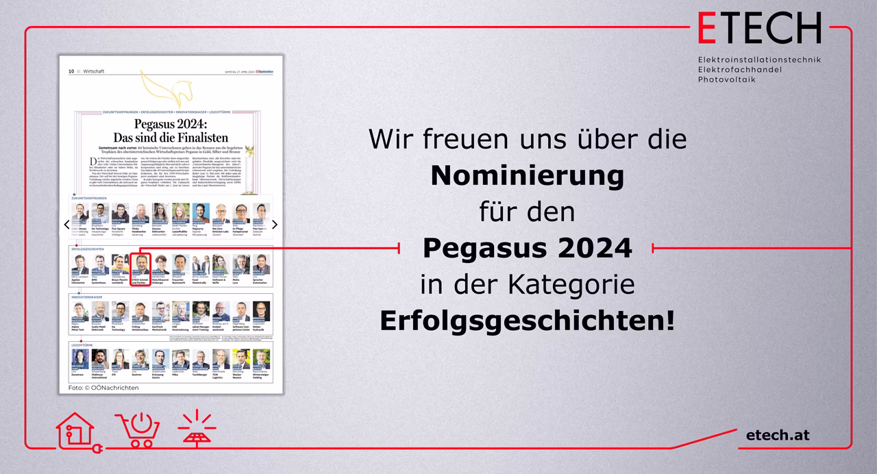 ETECH nominiert für Pegasus 2024 in der Kategorie Erfolgsgeschichten – Zeitungsartikel der OÖNachrichten zeigt Finalisten