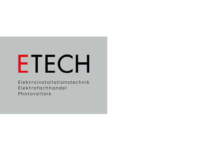 ETECH Logo mit rotem E und schwarzem TECH sowie den Bereichen Elektroinstallationstechnik, Elektrofachhandel und Photovoltaik