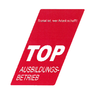 Rotes Parallelogramm-Logo mit der Aufschrift 'TOP Ausbildungsbetrieb' und dem Slogan 'Sozial ist, wer Arbeit schafft!'