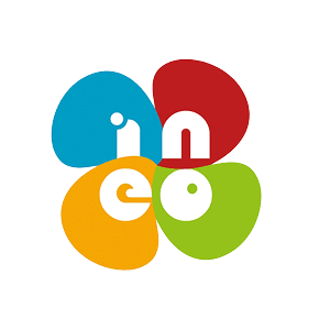 ineo-Logo mit vier farbigen Formen in Blau, Rot, Orange und Grün mit den Buchstaben i, n, e, o