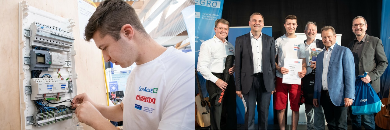 Lehrlingswettbewerb bei ETECH: Lehrling verdrahtet Schaltschrank, Preisverleihung mit Urkunde und Gruppe